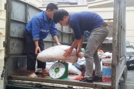 Cân đếm số nội tạng động vật (Ảnh: PV/Vietnam+) 