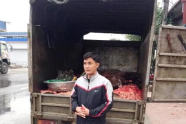 Tài xế Hùng cùng số nội tạng, da trâu bò không rõ nguồn gốc, xuất xứ (Ảnh: PV/Vietnam+) 