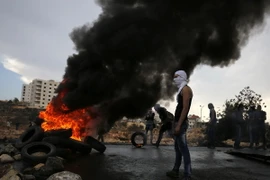 Thanh niên Palestine ném đá trong cuộc đụng độ với lực lượng an ninh Israel tại Al-Bireh, Bờ Tây ngày 26/10. (Nguồn: AFP/TTXVN)