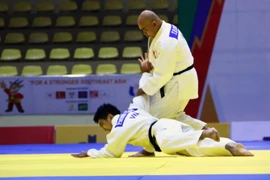 Cặp vận động viên Trần Quốc Cường-Phan Minh Hạnh (Việt Nam) thi đấu ở nội dung Kodokan Goshin Jutsu (bài quyền về các kỹ thuật tự vệ hiện đại) đối với nam và đạt 534.5 điểm để tiến vào vòng chung kết. (Ảnh: Quang Quyết/TTXVN) 