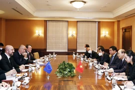 Quang cảnh buổi gặp gỡ của Chủ tịch nước Nguyễn Xuân Phúc và Chủ tịch Hội đồng châu Âu Charles Michel. (Ảnh: Thống Nhất/TTXVN) 