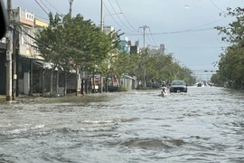 Nhiều tuyến đường đô thị ở Tam Kỳ bị ngập sâu trong nước. (Ảnh: Trần Tĩnh/TTXVN)