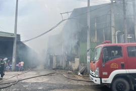 Ngọn lửa bốc lên từ một xưởng gỗ tại phường Tân Hoà, thành phố Biên Hoà, Đồng Nai, sau đó nhanh chóng lan rộng sang 6, 7 xưởng gỗ liền kề. (Ảnh: Lê Xuân/TTXVN)