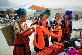Chợ phiên Xá Nhè không chỉ để trao đổi, mua bán hàng hóa mà còn là nơi để giao lưu, thể hiện tình cảm, sinh hoạt văn hóa của người dân. (Ảnh: Xuân Tư/TTXVN)