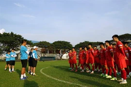 Huấn luyện viên Đinh Thế Nam trao đổi với các cầu thủ trẻ trong buổi tập đầu tiên. (Ảnh: Trần Long/TTXVN) 