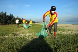 Lực lượng cứu hộ bãi biển tham gia thu dọn rác thải nhựa tại các bãi biển ở Đà Nẵng. (Ảnh: Trần Lê Lâm/TTXVN)