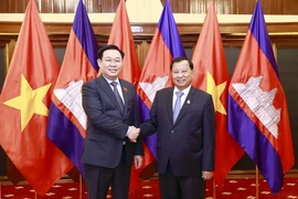 Chủ tịch Quốc hội Vương Đình Huệ và Chủ tịch Thượng viện Campuchia Samdech Say Chhum. (Ảnh: Doãn Tấn/TTXVN) 