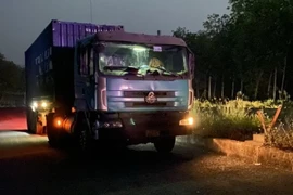 Chiếc xe container bị phát hiện vào lô cao su đổ trộm hàng chục tấn rác thải. (Ảnh: TTXVN phát)