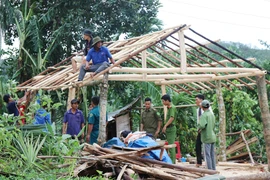 Sau gần một ngày được hỗ trợ, ngôi nhà mới trên nền nhà cũ bị sập của gia đình bà Đinh Thị Xấu đã gần hoàn thiện. (Ảnh: Phạm Cường/TTXVN)