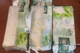 Các gói nylon màu xanh bên trong chứa các tinh thể màu trắng có đặc tính giống với ma túy Ketamine. (Ảnh: TTXVN phát) 