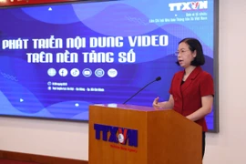 Tổng Giám đốc, Chủ tịch Liên chi hội Nhà báo Thông tấn xã Việt Nam Vũ Việt Trang phát biểu khai mạc hội thảo. (Ảnh: Hoàng Hiếu/TTXVN) 