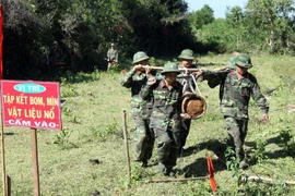 Lực lượng công binh Tổng công ty 319 (Bộ Quốc phòng) đưa vật liệu nổ rà phá được về nơi tập kết tại xã Bình Đông, huyện Bình Sơn (2/2012). (Ảnh: Trọng Đức/TTXVN)