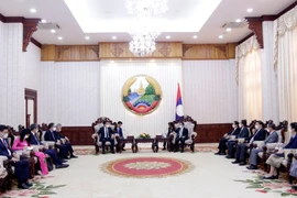 Thủ tướng Lào Phankham Viphavan tiếp thân mật Bộ trưởng Nguyễn Hồng Diên cùng đoàn công tác. (Ảnh: Phạm Kiên/TTXVN)