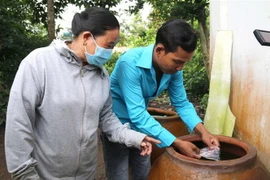 Các tuyên truyền viên hướng dẫn người dân thả cá lia thia vào lu chứa nước để diệt lăng quăng. (Ảnh: Thanh Hòa/TTXVN)