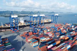 Bốc xếp container tại cảng Lạch Huyện. (Ảnh: CTV/Vietnam+)