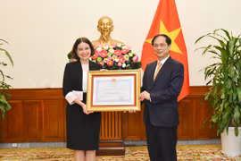 Bộ trưởng Bộ Ngoại giao Bùi Thanh Sơn trao Huân chương Hữu nghị tặng bà Robyn Mudie, Đại sứ Australia tại Việt Nam. (Nguồn: Baoquocte.vn)