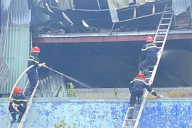 Các chiến sỹ dùng thang tiếp cận hiện trường vụ cháy ngày 3/7. (Ảnh: Tường Quân/TTXVN)