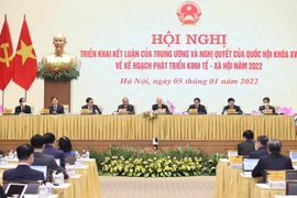  Tổng Bí thư Nguyễn Phú Trọng, Chủ tịch nước Nguyễn Xuân Phúc, Thủ tướng Phạm Minh Chính và Chủ tịch Quốc hội Vương Đình Huệ chủ trì hội nghị. (Ảnh: Dương Giang/TTXVN)