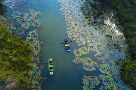 Đường vào Thung Nắng - địa danh du lịch thuộc thôn Đam Khê, xã Ninh hải (Hoa Lư, Ninh Bình) với vẻ đẹp hoang sơ, quyến rũ. (Ảnh: Minh Đức/TTXVN)
