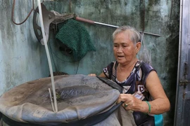 Người dân che đậy dụng cụ chứa nước, không để muỗi có chỗ sinh sản. (Ảnh: Nhựt An/TTXVN)