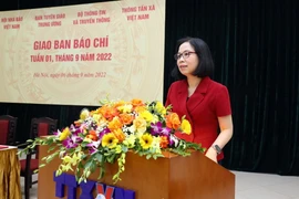 Bà Vũ Việt Trang, Bí thư Đảng ủy, Tổng Giám đốc Thông tấn xã Việt Nam phát biểu. (Ảnh: Phạm Kiên/TTXVN)