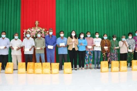 Phó Chủ tịch nước Võ Thị Ánh Xuân tặng quà cho đình chính sách, gia đình khó khăn ở huyện Châu Thành. (Ảnh: Thanh Hòa/TTXVN)