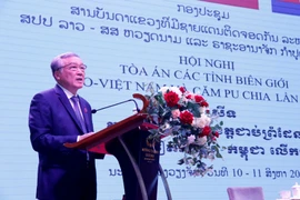 Ủy viên Bộ Chính trị, Chánh án Tòa án Nhân dân Tối cao Nguyễn Hòa Bình phát biểu tại hội nghị. (Ảnh: Phạm Kiên/TTXVN)