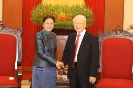 Tổng Bí thư Nguyễn Phú Trọng tiếp bà Pany Yathotou, Ủy viên Bộ Chính trị Đảng Nhân dân Cách mạng Lào, Phó Chủ tịch nước Lào đang thăm chính thức Việt Nam. (Ảnh: Trí Dũng/TTXVN)