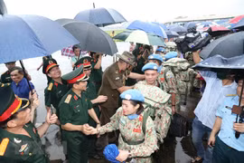 Đại diện lãnh đạo các cơ quan, đơn vị thuộc Bộ Quốc phòng tiễn đoàn lên đường. (Ảnh: Trọng Đức/TTXVN)