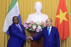 Chủ tịch nước Nguyễn Xuân Phúc và Tổng thống Cộng hòa Sierra Leone trước khi tiến hành hội đàm. (Ảnh: Thống Nhất/TTXVN)