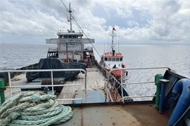 Tổ công tác của Hải đội 2 Bộ đội Biên phòng Thành phố Hồ Chí Minh tiến hành kiểm tra phương tiện. (Ảnh: TTXVN phát)