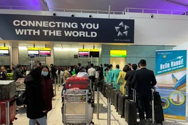 Hành khách hồ hởi chờ làm thủ tục lên máy bay của Vietnam Airlines tại sân bay Heathrow để về Việt Nam đón tết Nguyên đán Nhâm Dần. (Ảnh: Đình Thư/Vietnam+)