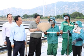 Thủ tướng Phạm Minh Chính gặp gỡ các diêm dân trên cánh đồng muối xã Phước Minh, huyện Thuận Nam. (Ảnh: Dương Giang/TTXVN)