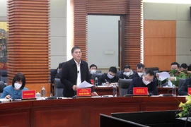 Chủ tịch Ủy ban nhân dân thành phố Hải Phòng Nguyễn Văn Tùng phát biểu tại buổi tiếp. (Ảnh: Hoàng Tùng/TTXVN phát)