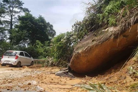 Nhiều tảng đá lớn sạt lở xuống đường đi lên khu du lịch Tam Đảo. (Ảnh: Hoàng Hùng/TTXVN)