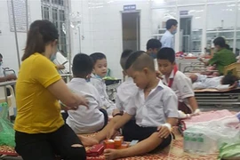 Các em học sinh bị ong đốt được đưa vào Trung tâm Y tế huyện Cam Lộ để điều trị. (Ảnh: TTXVN phát)