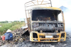 Xe và toàn bộ số mỳ tôm bị thiêu rụi. (Ảnh: Tiên Minh/TTXVN)