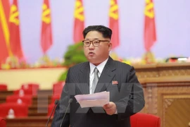 Nhà lãnh đạo Kim Jong-Un phát biểu tại ngày họp thứ hai Đại hội Đảng Lao động Triều Tiên. (Nguồn: EPA/TTXVN)