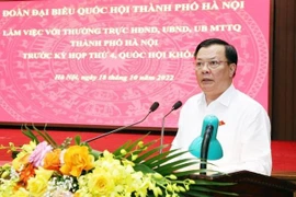Ủy viên Bộ Chính trị, Bí thư Thành ủy, Trưởng đoàn đại biểu Quốc hội thành phố Hà Nội Đinh Tiến Dũng phát biểu tại buổi làm việc. (Ảnh: TTXVN phát)
