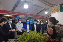 Lãnh đạo Sở Công Thương Hà Nội và quận Hà Đông đi thăm quan một gian hàng tại hội chợ. (Ảnh: Phương Anh/TTXVN)