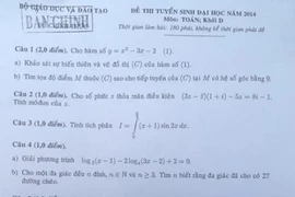 Đáp án đề thi môn Toán khối D kỳ thi đại học, cao đẳng 2014 