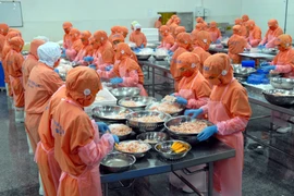 Chế biến tôm xuất khẩu. (Ảnh: Mạnh Linh/TTXVN)