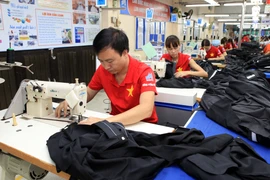 Dây chuyền may quần áo xuất khẩu. (Ảnh: Trần Việt/TTXVN)