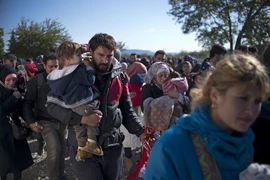 Người di cư và tị nạn xếp hàng đăng ký vào trại tị nạn ở Gevgelija sau khi vượt qua biên giới Hy Lạp-Macedona ngày 1/11. (Nguồn: AFP/TTXVN)