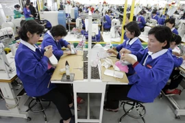 Công nhân Triều Tiên làm việc tại nhà máy sản xuất giầy của Hàn Quốc ở khu công nghiệp chung Kaesong. (Nguồn: AFP/TTXVN)