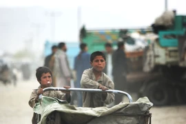 Trẻ em Afghanistan đẩy xe đi bán rau tại thủ đô Kabul. (Nguồn: THX/TTXVN)