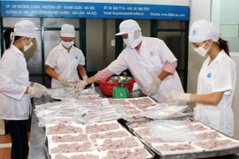 Đóng gói thực phẩm của Công ty chế biến và xuất nhập khẩu Đại An tại Vườn ươm Doanh nghiệp Hà Nội. (Ảnh: Trần Việt/TTXVN)