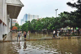 Cây cầu tự chế được thiết kế rất sáng tạo để phục vụ công tác phòng chống mưa lũ. (Ảnh: CTV/Vietnam+)