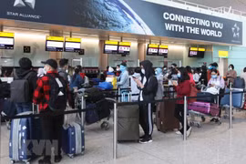 Các công dân Việt Nam xếp hàng chờ làm thủ tục lên máy bay về nước tại sân bay Heathrow. (Ảnh: Đình Thư/TTXVN)