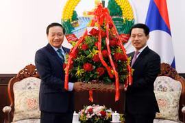 Đại sứ Việt Nam tại Lào Nguyễn Bá Hùng đang trao cho ông Saleumsay Kommasith, Bộ trưởng Ngoại giao Lào lẵng hoa chúc mừng 45 năm Quốc khánh Lào. (Ảnh: Phạm Kiên/VIetnam+)